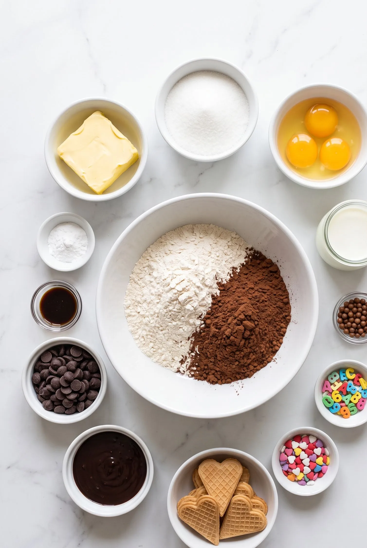 Zutaten für Schultüten-Kuchen: Mehl, Kakao, Butter, Eier, Milch, Schokoglasur, Eiswaffeln, bunte Streusel und Zucker-Buchstaben.