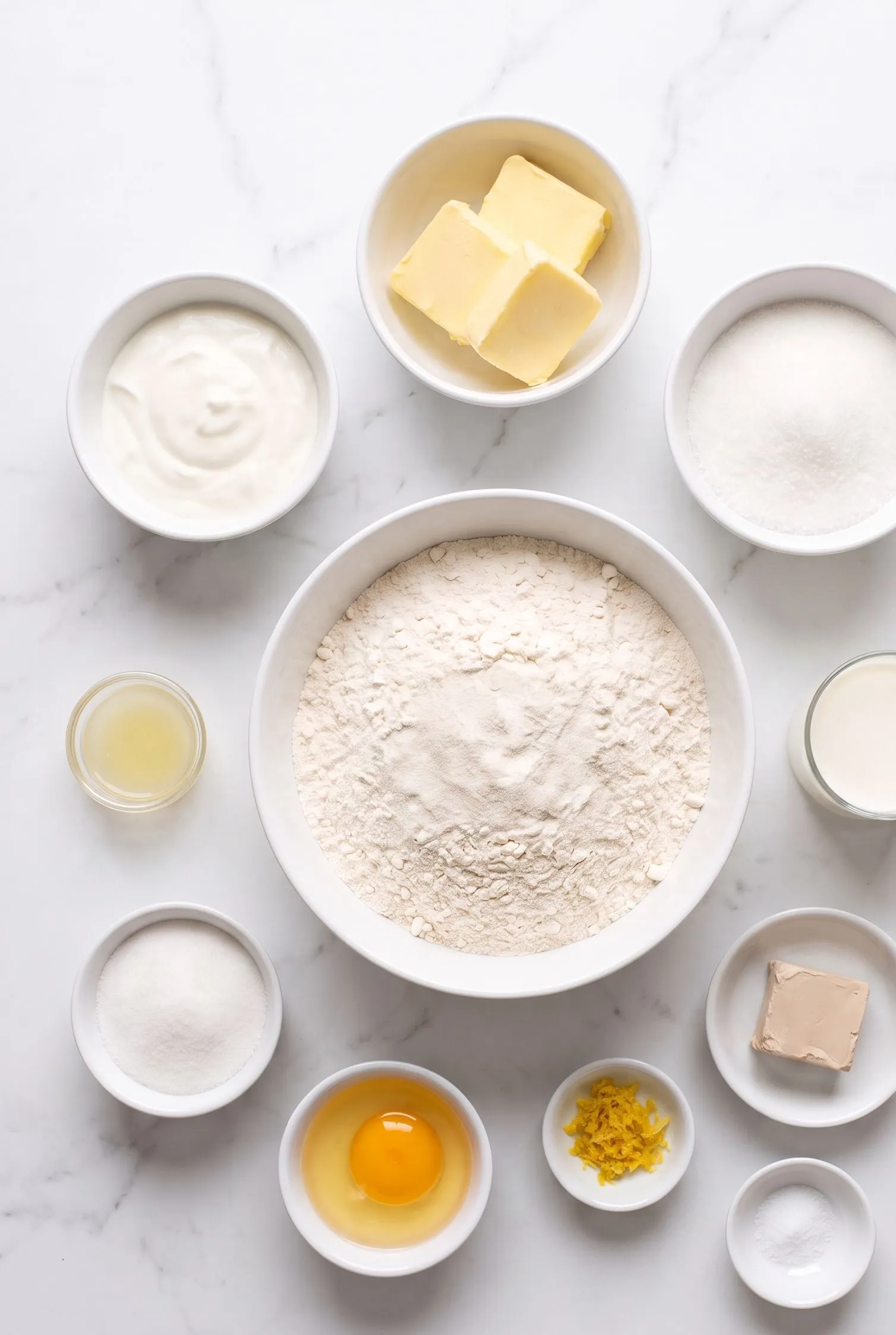 Zutaten für Streuselkuchen mit Schmand: Mehl, Butter, Schmand, frische Hefe, Milch, Zucker, Ei, Zitrone und Salz.