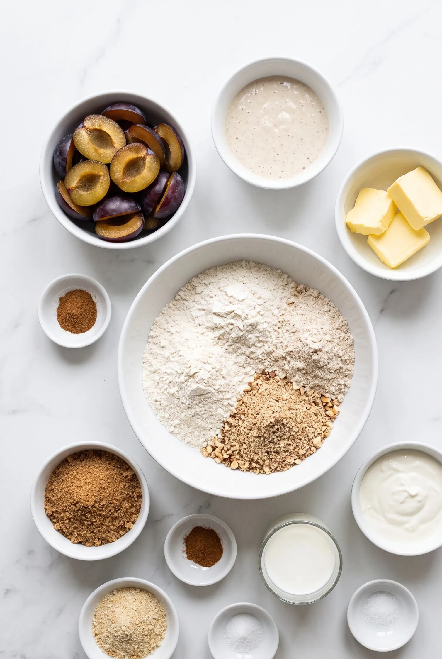 Zutaten für Zwetschgen-Streuselkuchen mit Sauerteig: Mehl, Sauerteig, Zwetschgen, gemahlene Haselnüsse, Saure Sahne, Butter, brauner Zucker und Zimt.