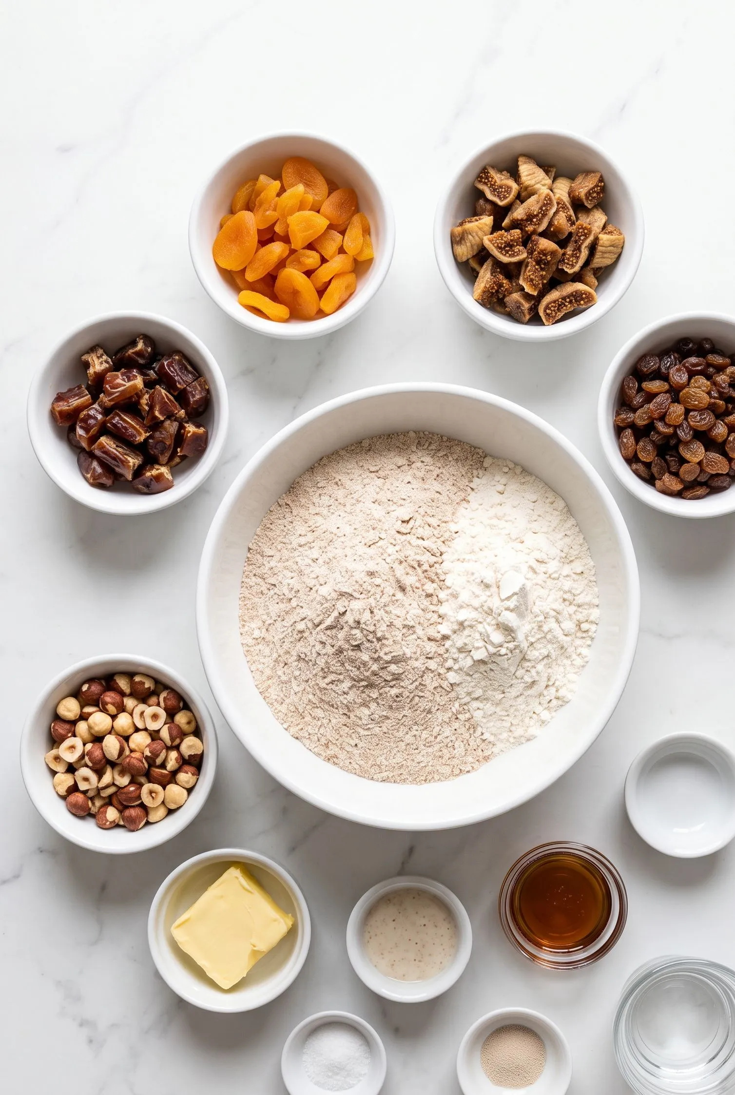 Zutaten für Früchtebrot: Weizen-Vollkornmehl, Sauerteig, Trockenfrüchte, Haselnüsse, Sirup und Butter.