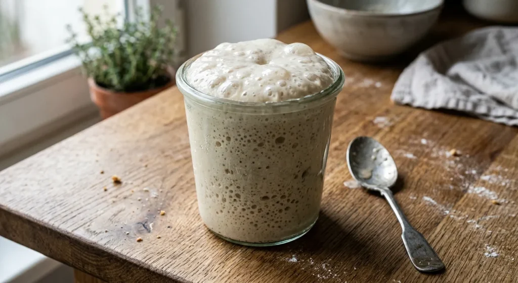 Getrocknete Sauerteigflocken und feines Pulver in einem Vorratsglas.