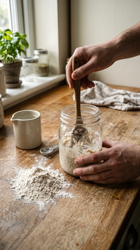 Frisches Wasser und Mehl werden in das Anstellgut eingerührt.