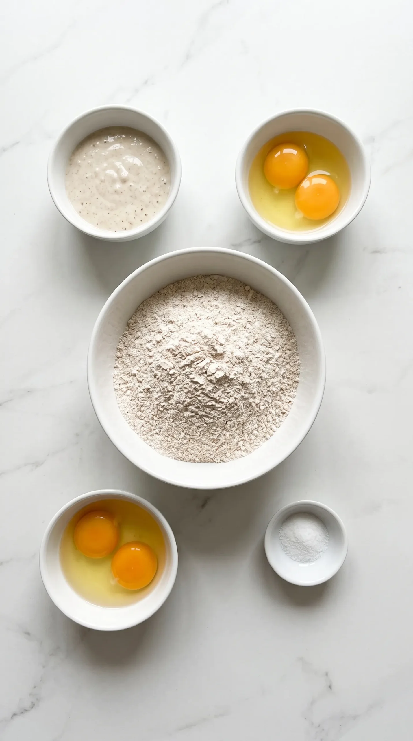 Zutaten für selbstgemachte Sauerteig-Pasta: Dinkel-Vollkornmehl, Sauerteig, frische Eier und Salz.