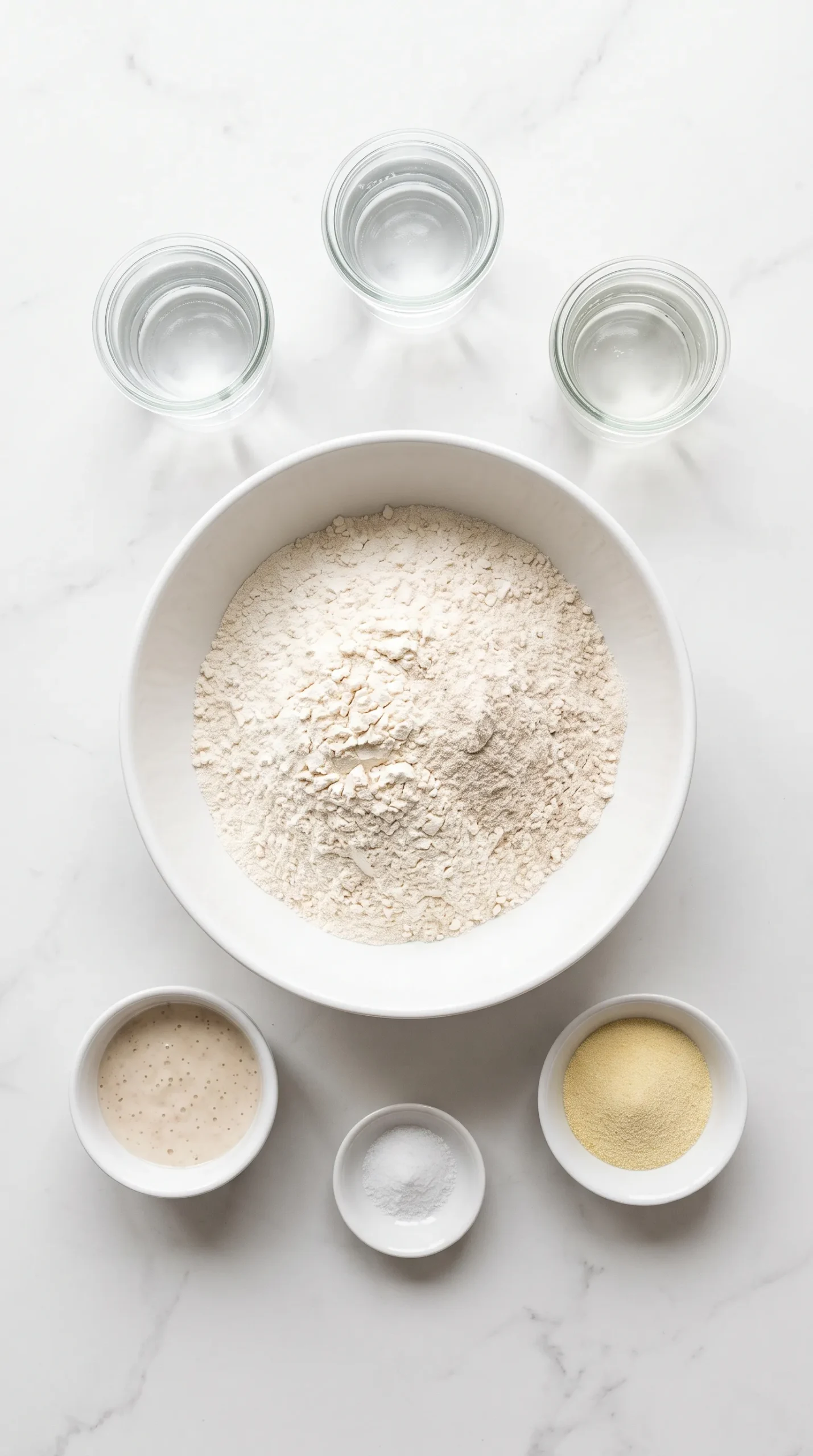 Zutaten für Pizzateig mit Sauerteig: Weizenmehl Tipo 00, aktiver Sauerteig, Wasser, Salz und Semola.