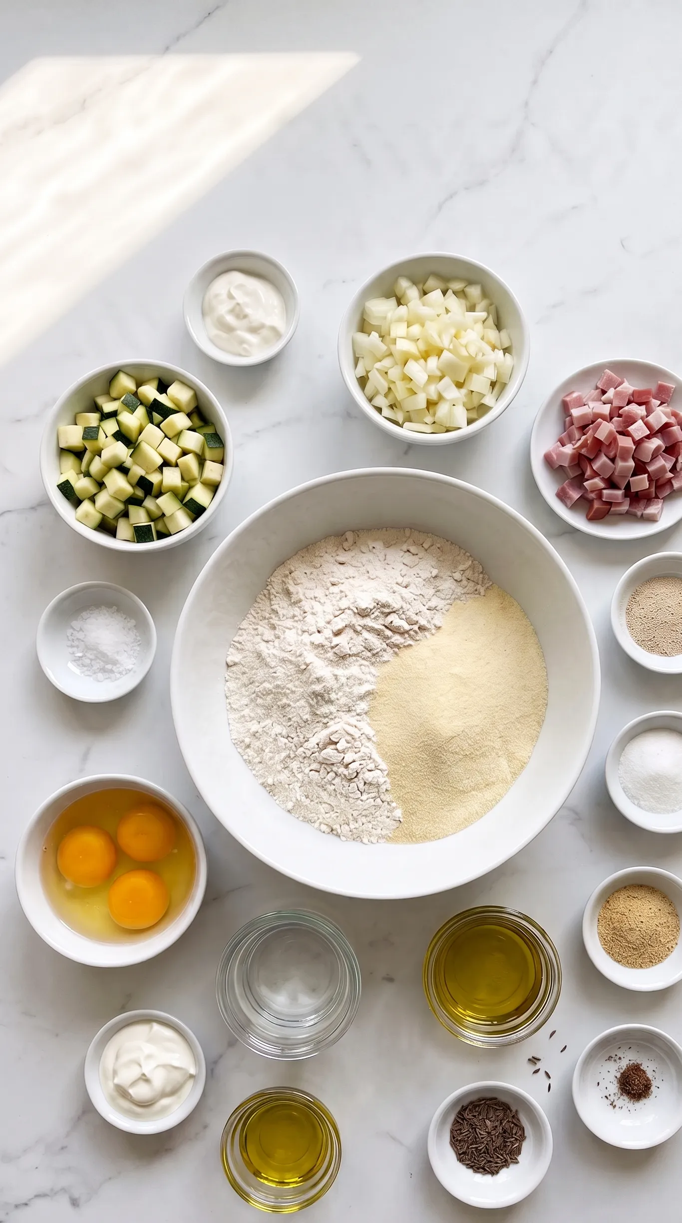 Zutaten für Zucchini-Zwiebelkuchen: Mehl, Hartweizengrieß, Zucchini, Gemüsezwiebeln, Katenschinken, Saure Sahne, Schmand und Eier.