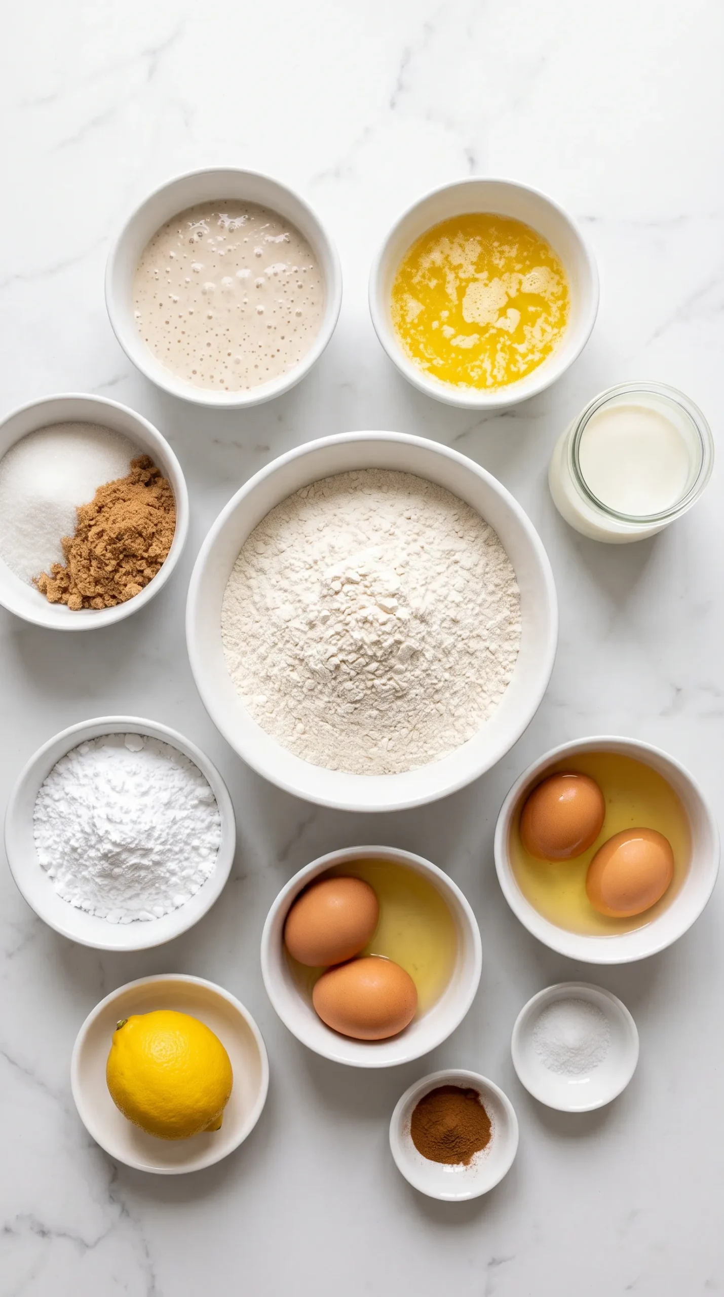 Zutaten für Zimtschnecken mit Sauerteig: Weizenmehl, aktiver Sauerteig, Butter, brauner Zucker, Milch, Eier, Zimt, Puderzucker und Zitrone.