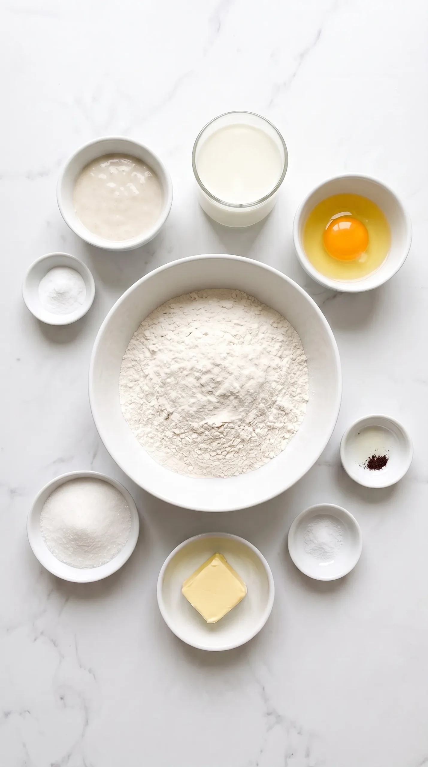 Zutaten für Sauerteig Pancakes: Mehl, Sauerteigstarter, Milch, Ei, Zucker, Natron, Vanille und Butter.