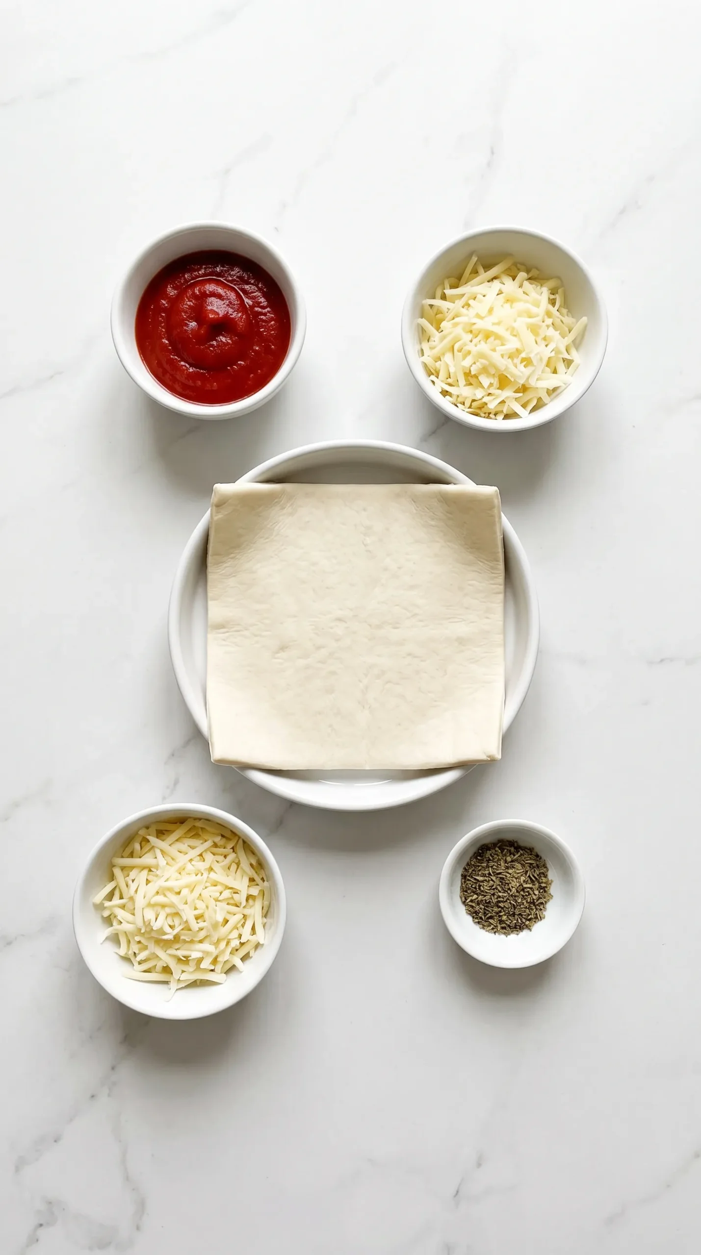 Zutaten für herzhafte Blätterteigschnecken: Blätterteig, passierte Tomaten, geriebener Käse und Pizzakräuter.