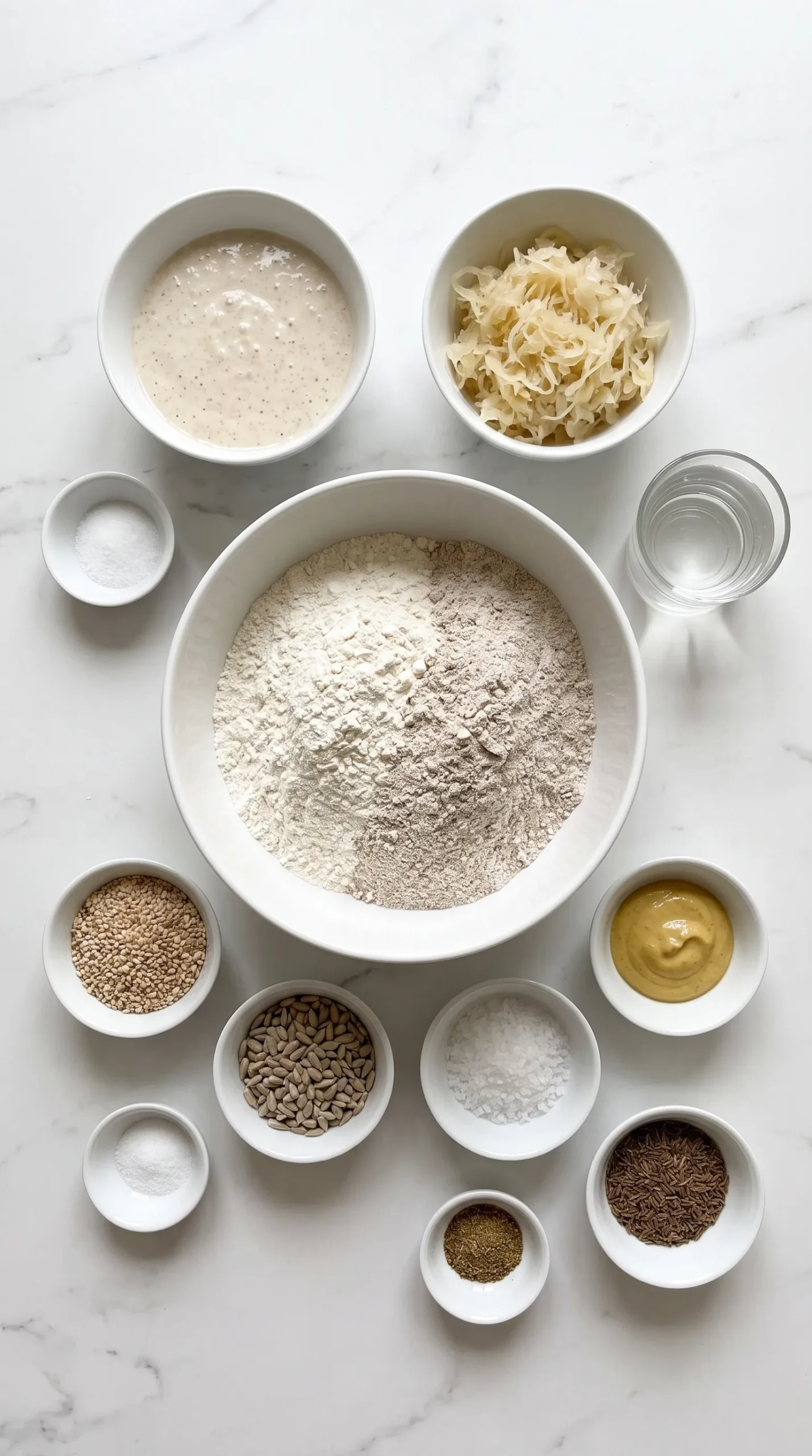 Zutaten für Sauerkrautbrot mit Senfkruste: Weizenmehl, Roggenmehl, Sauerteig, Sauerkraut, Senf, Saaten und Gewürze.