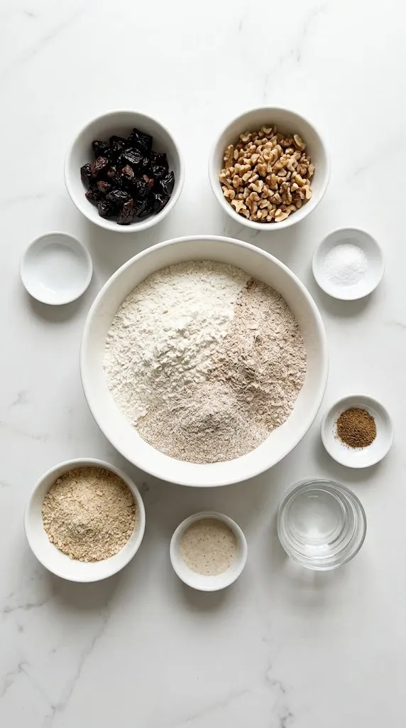 Zutaten für Walnuss-Pflaumenbrot: Mehlmischung, Sauerteig, Walnüsse, Backpflaumen, Altbrotbrühstück, Brotgewürz und Salz.