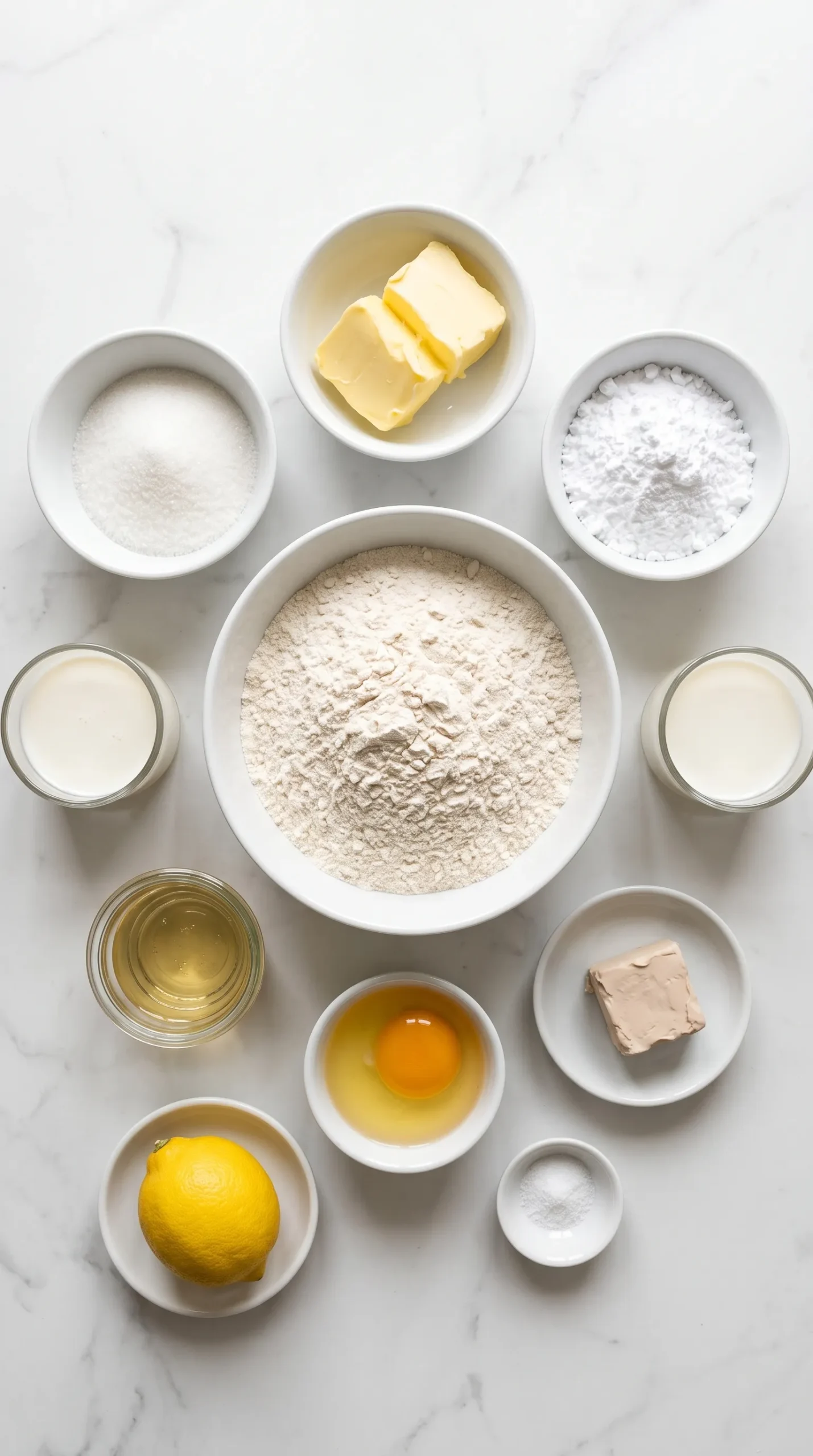 Zutaten für Holunderblüten-Schnecken: Weizenmehl, frische Hefe, Milch, Butter, Eier, Zucker, Holunderblütensirup, Zitrone und Puderzucker.