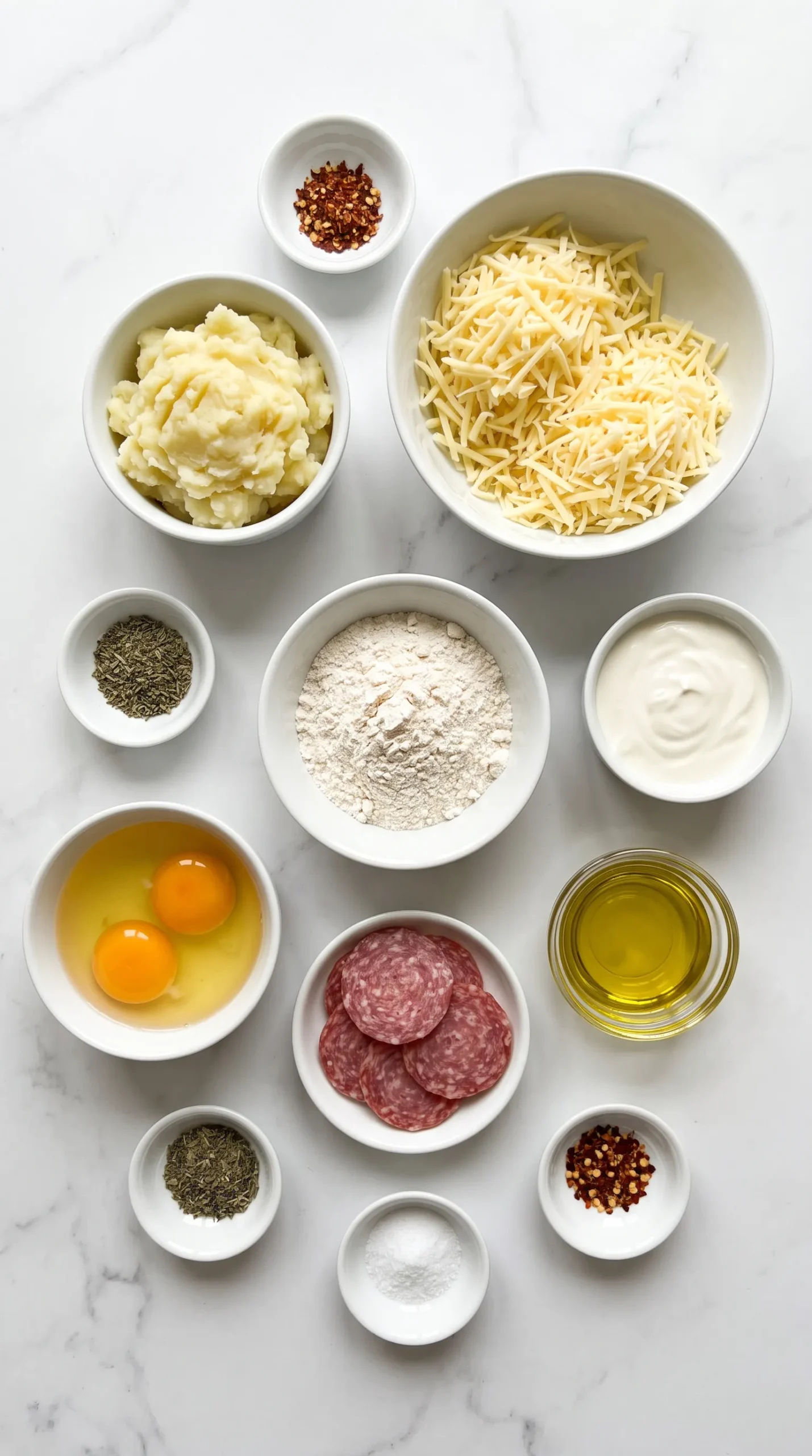 Zutaten für Kartoffel-Waffeln mit Käse: gekochte Kartoffeln, geriebener Gouda, Eier, Mehl, Crème fraîche, Salami, Kräuter und Gewürze.