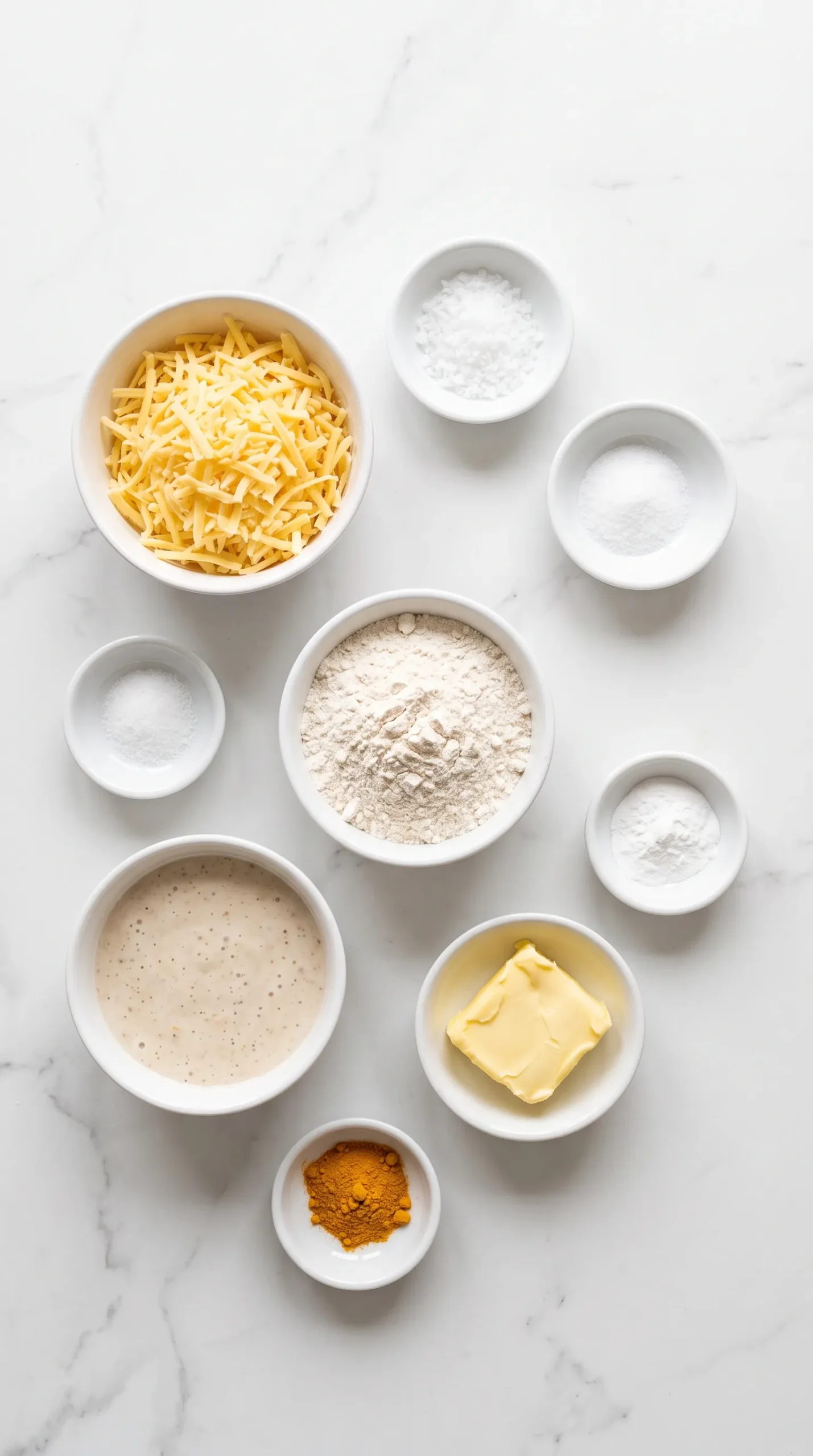 Zutaten für Sauerteig Käse-Cracker: geriebener Cheddar, Sauerteigreste, Butter, Mehl, Kurkuma, Backpulver und Meersalzflocken.