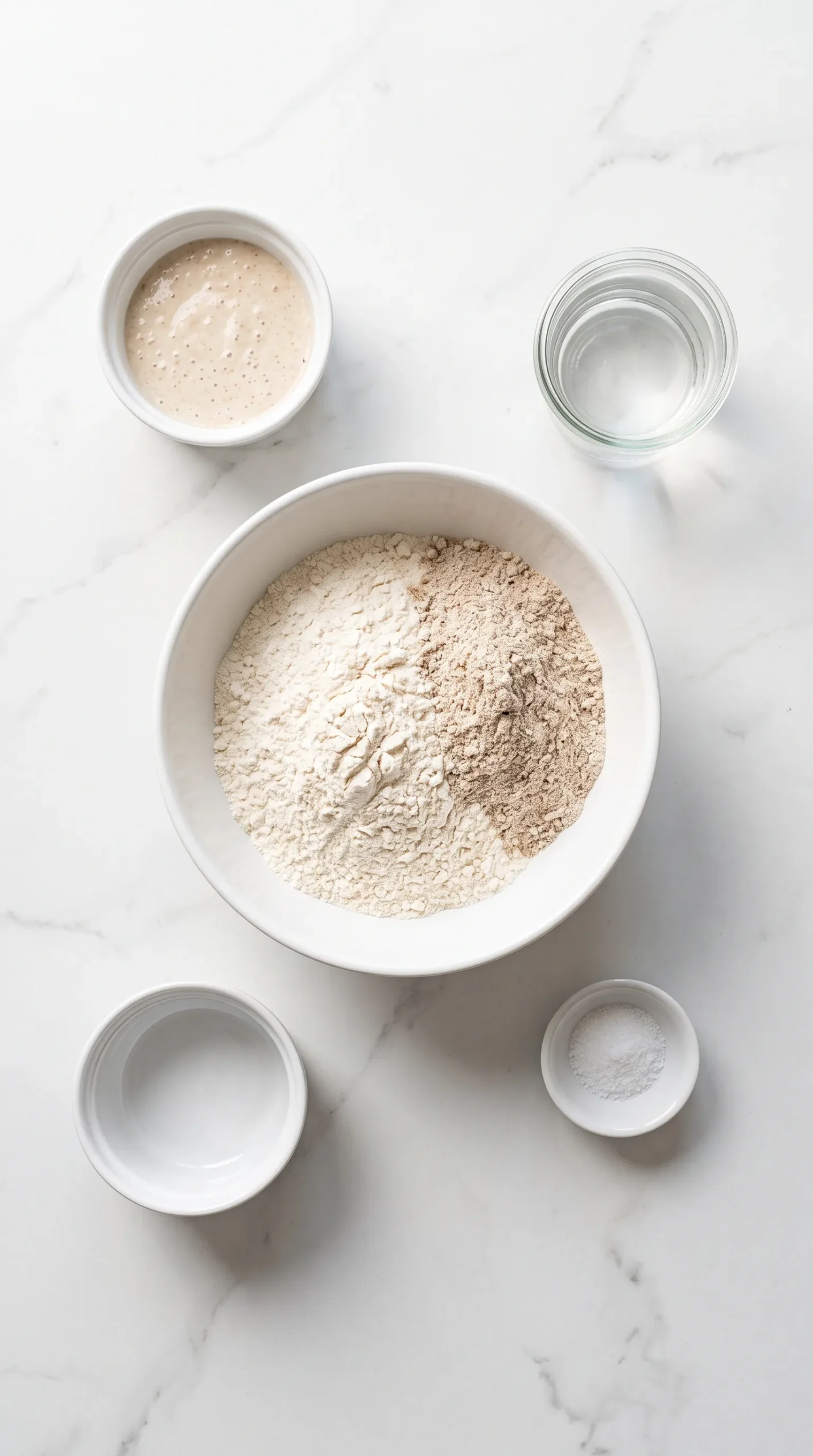 Zutaten für Sauerteig-Bauernbrot: Weizenmehl, Roggenmehl Type 1150, aktiver Sauerteig, lauwarmes Wasser und Salz.