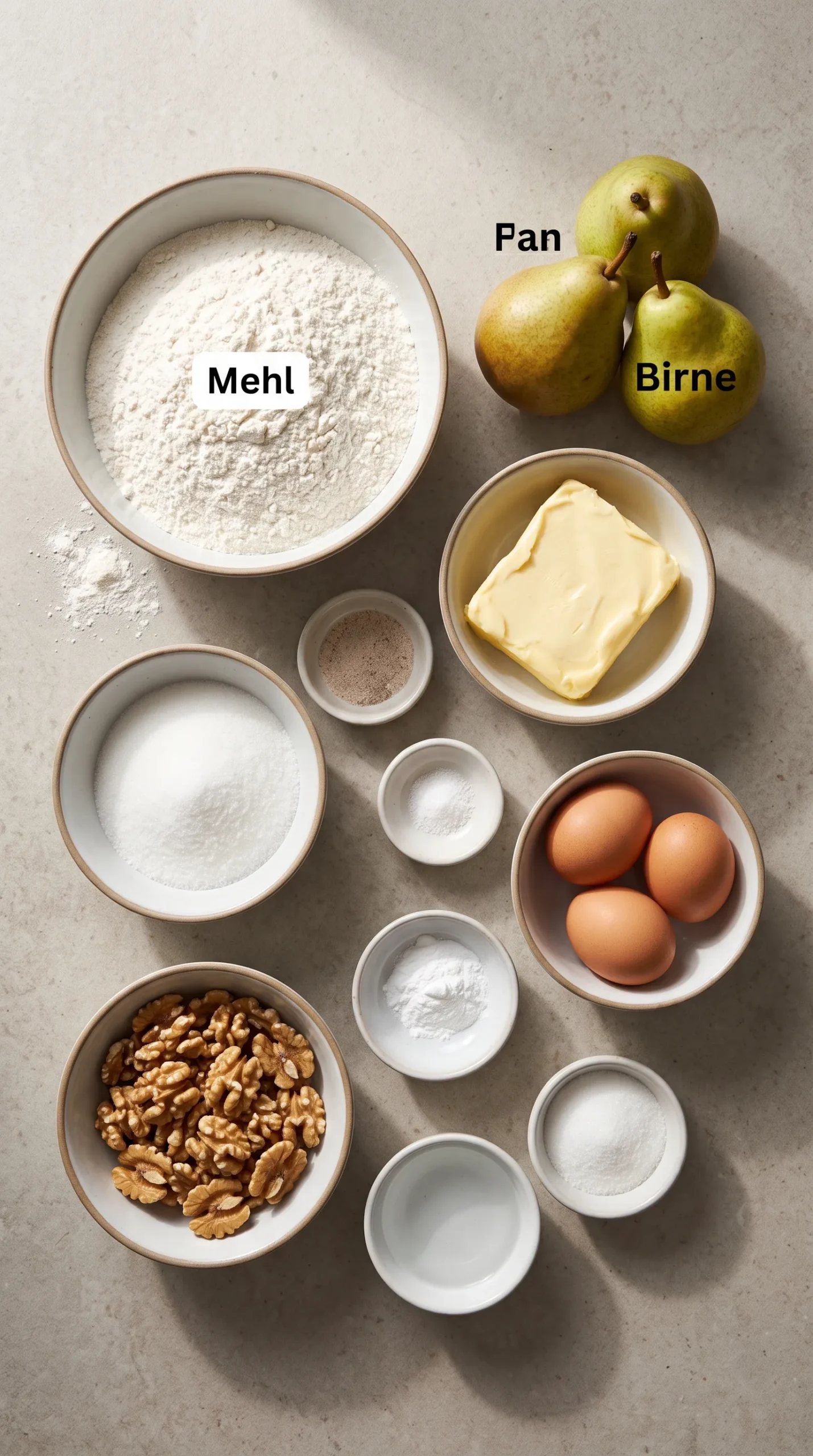 Zutaten für schnellen Birnenkuchen: Mehl, frische Birnen, Butter, Zucker, Eier und Walnüsse in Schalen vorbereitet.