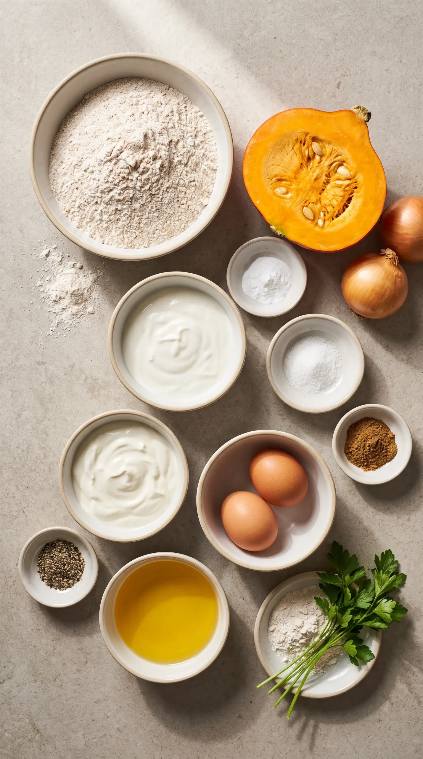 Zutaten für Zwiebel-Kürbis-Kuchen: Dinkelmehl, Hokkaidokürbis, Zwiebeln, Magerquark, Schmand, Eier und Petersilie.