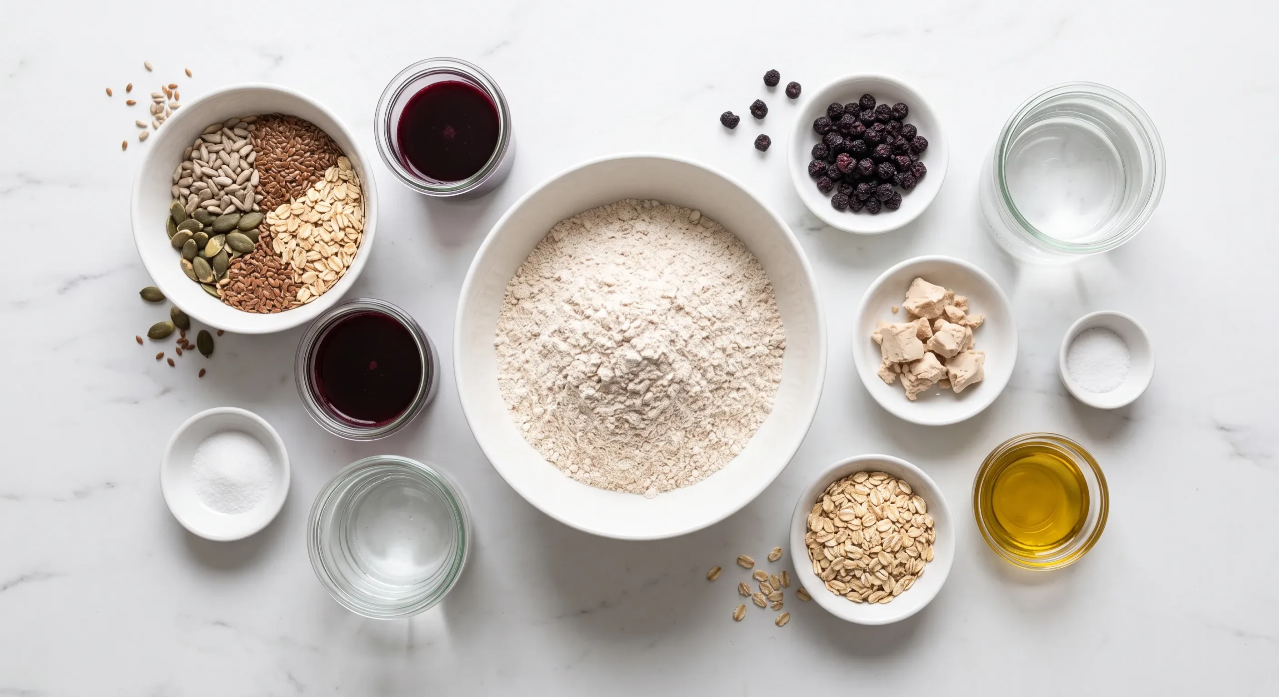 Zutaten für Aronia-Dinkelbrot: Dinkelvollkornmehl, Aronia-Direktsaft, getrocknete Aroniabeeren, Saatenmischung, Hefe, Haferflocken, Öl und Salz.