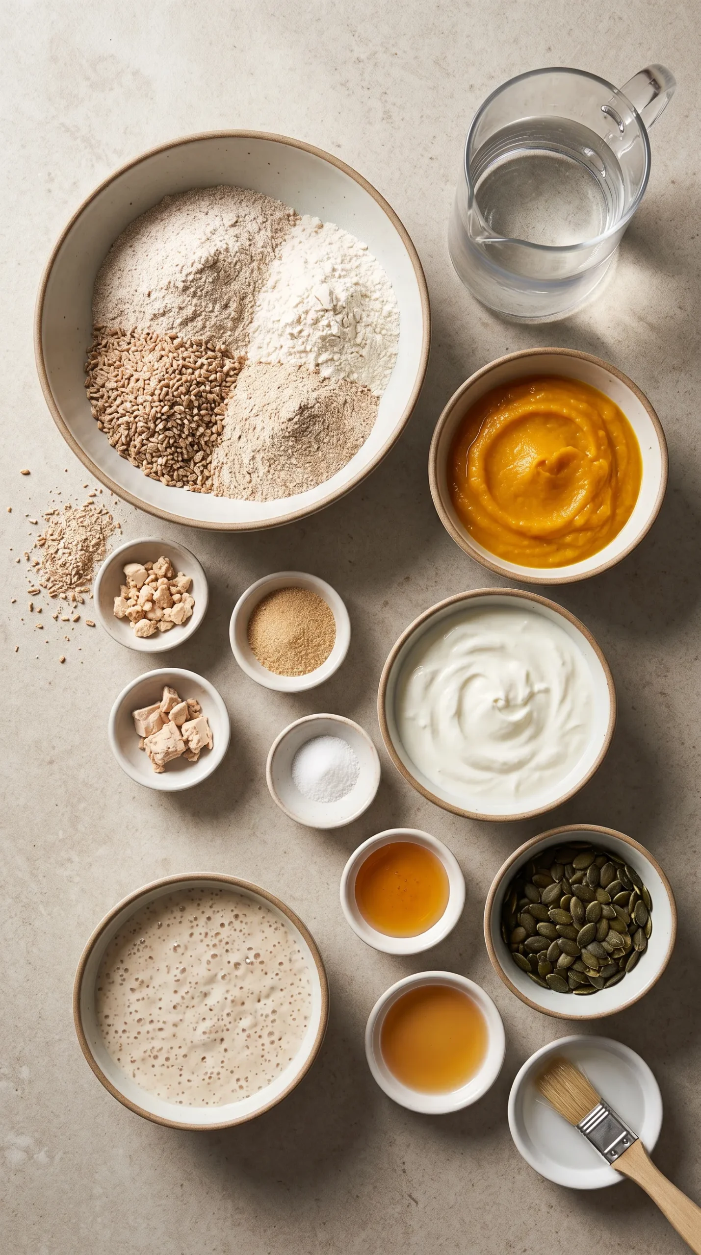 Zutaten für Kürbisbrot mit Sauerteig: Mehlsorten, Roggenschrot, Kürbispüree, Joghurt, Sauerteig und Kürbiskerne.