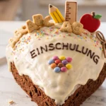 Saftiger Einschulungskuchen frisch gebacken — Schultüten-Form mit cremeweißer Vanille-Glasur und bunten Streuseln.