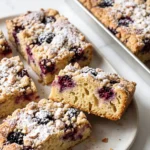 Saftiger Brombeer-Mandelkuchen vom Blech mit knusprigen Vanille-Mandel-Streuseln und Puderzucker.