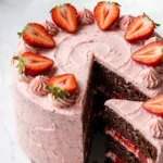 Erdbeer-Schokoladentorte frisch gebacken — rosafarbenes Frosting, frische Erdbeerhälften und dunkle Schokoschichten.