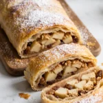 Wiener Apfelstrudel mit altem Anstellgut frisch gebacken auf Holzbrett mit Puderzucker und zwei dicken Scheiben.