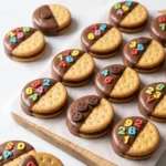 Schoko-Doppelkekse zur Einschulung mit bunter Dekoration aus Zucker-Buchstaben, Zahlen und Schokoglasur auf Holzbrett.