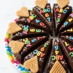 Bunte Schultüten-Kuchenstücke zur Einschulung mit Schokoglasur, Zucker-Buchstaben und Waffelspitzen auf einer Servierplatte.