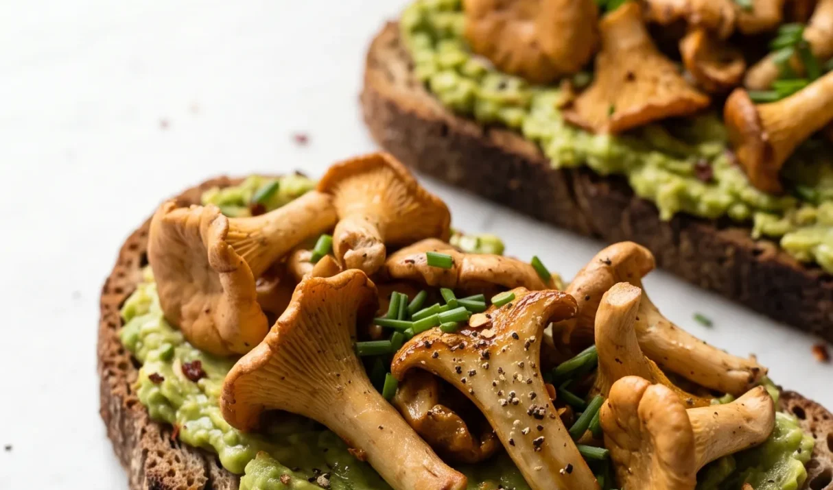 Deftiges Pfifferling-Brot: Eiweißbrot mit Avocado & Knoblauch-Pilzen