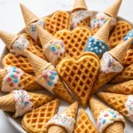 Knusprige Waffelschultüten frisch gebacken — goldbraune Waffelherzen mit bunter Glasur