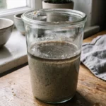 Ein hungriger Sauerteig mit einer dunklen Schicht aus Fusel auf der Oberfläche im Glas.