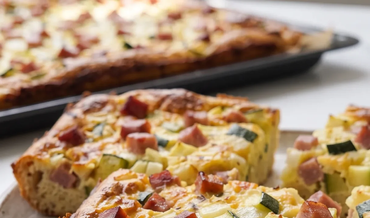 Herzhafter Zucchini-Zwiebelkuchen mit Katenschinken vom Blech