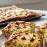 Herzhafter Zucchini-Zwiebelkuchen mit Katenschinken frisch vom Blech, in Stücke geschnitten auf Servierplatte.