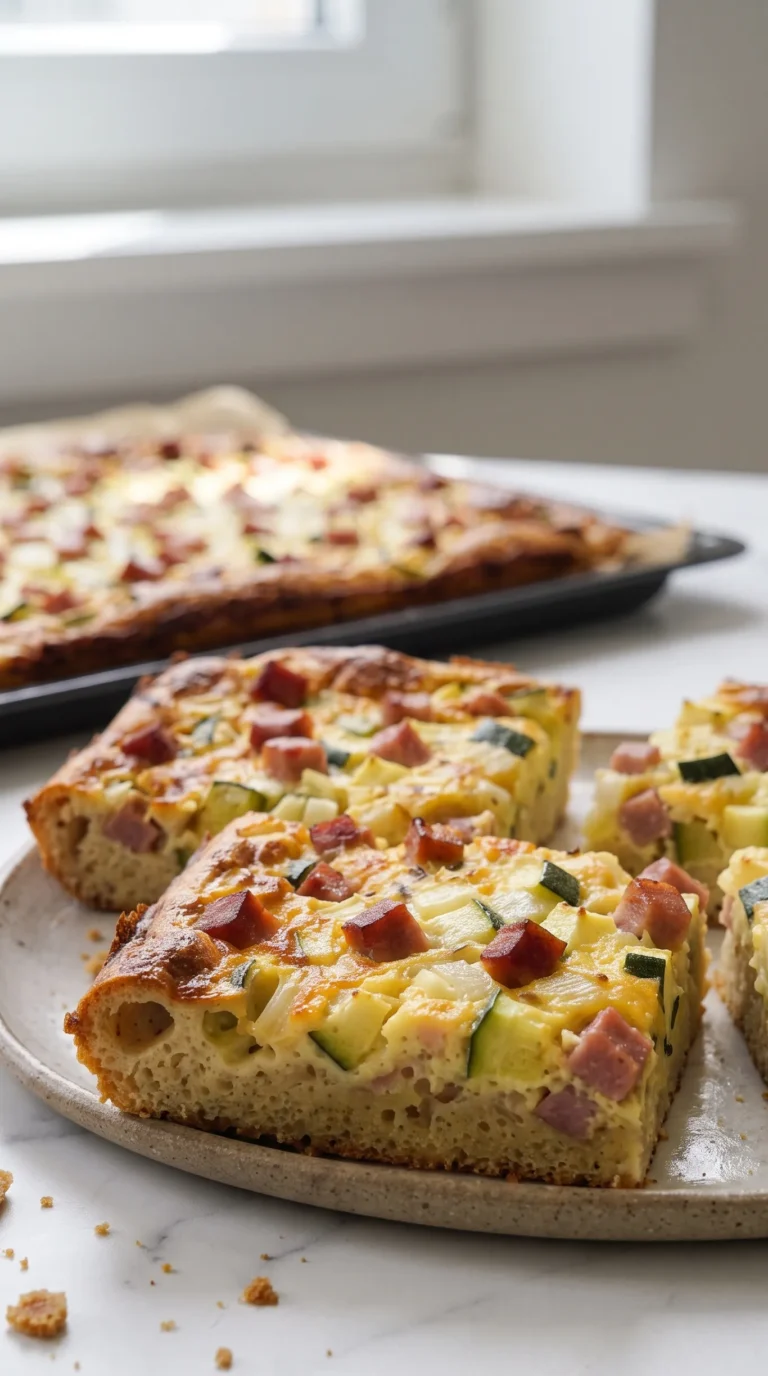 Herzhafter Zucchini-Zwiebelkuchen mit Katenschinken vom Blech