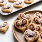Schnelle Erdbeer-Blätterteig-Herzen frisch gebacken und mit Puderzucker bestäubt auf einem Holzbrett angerichtet.