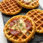 Knusprige herzhafte Kartoffel-Waffeln mit geschmolzenem Käse und Salami frisch gebacken auf Schieferplatte serviert.