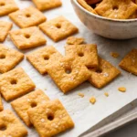 Sauerteig Käse-Cracker knusprig gebacken im Snack-Schälchen und auf Backpapier mit feinen Meersalzflocken.