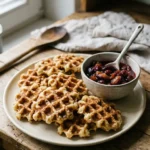 Germ-Waffeln mit Kompott goldgelb gebacken auf einem Keramikteller