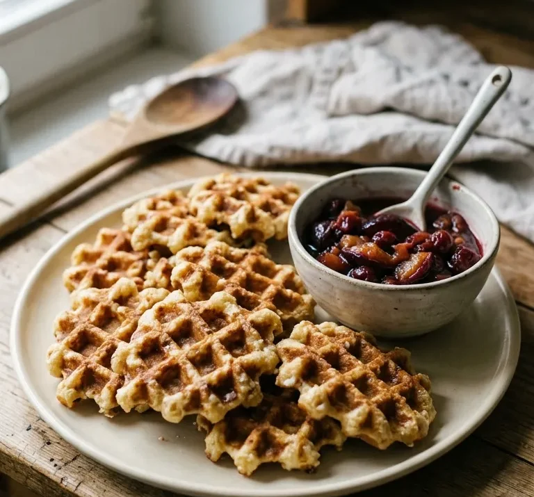 Germ-Waffeln mit Pflaumenkompott und Sauerkirschen