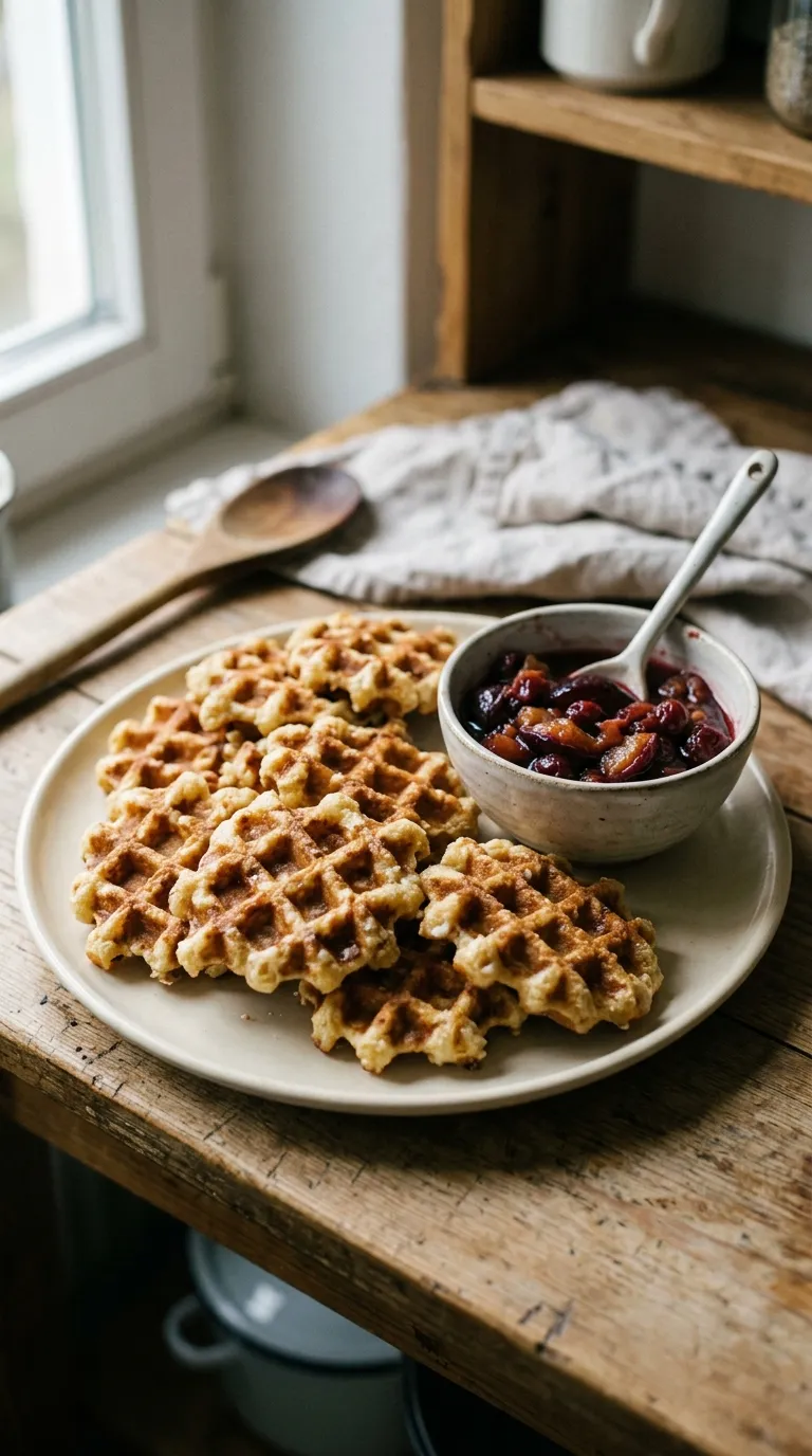 Germ-Waffeln mit Pflaumenkompott und Sauerkirschen