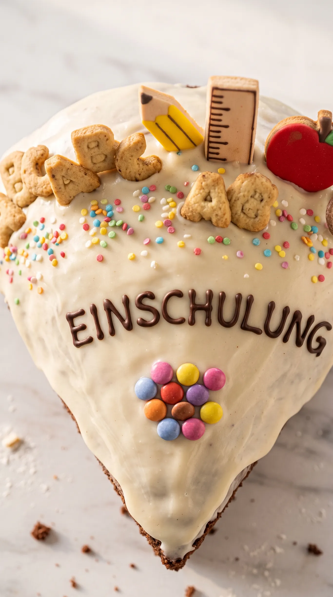 Nahaufnahme von Saftiger Einschulungskuchen — bunte Konfetti-Streusel und Smarties auf cremeweißer Glasur.