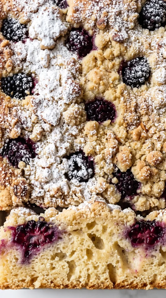 Nahaufnahme vom Brombeerkuchen — knusprige Bourbon-Vanille-Streusel, gehackte Mandeln und saftige Brombeeren.