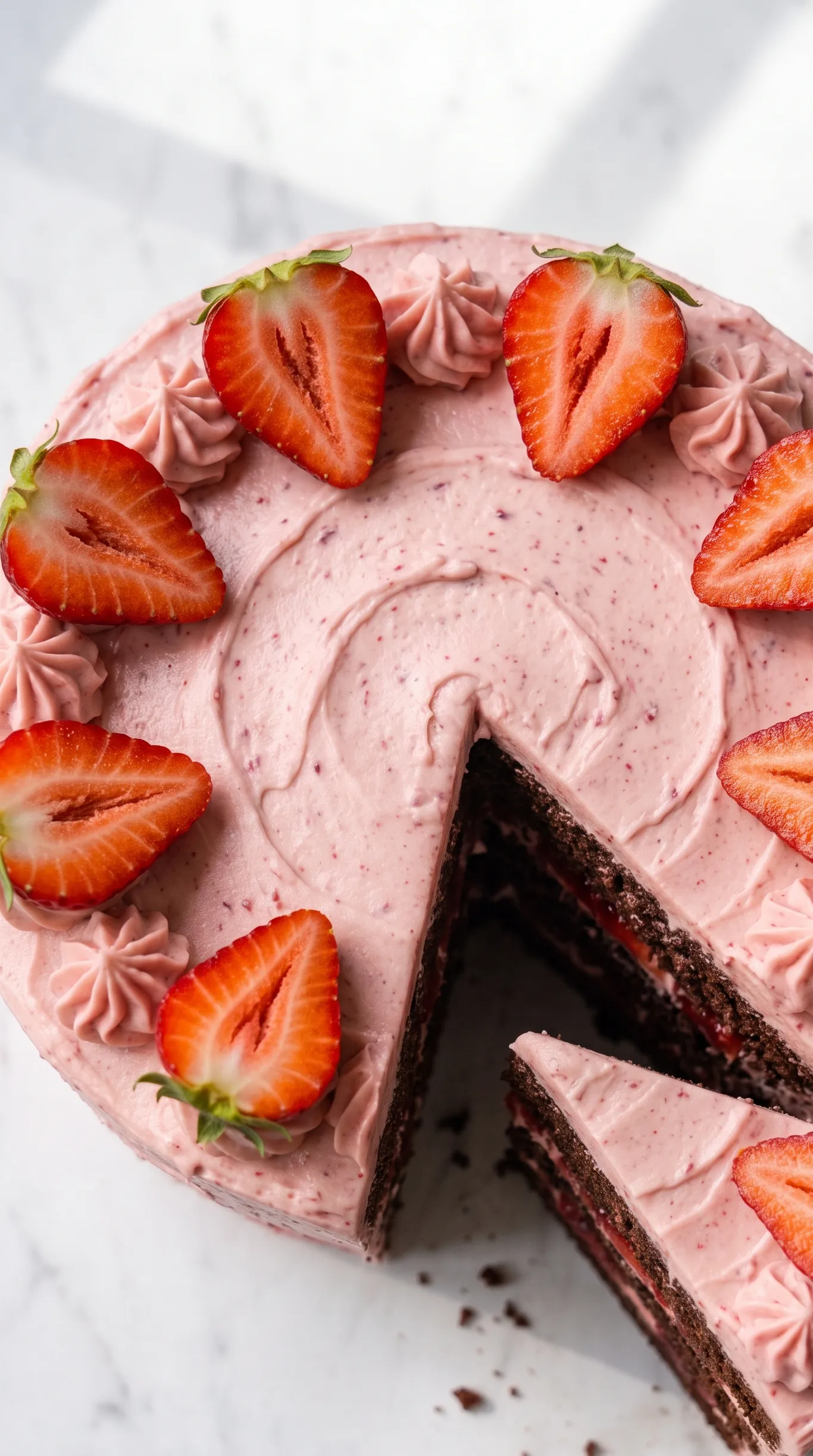 Nahaufnahme von Erdbeer-Schokoladentorte — cremige Muster im Frosting und leuchtende Erdbeeren.