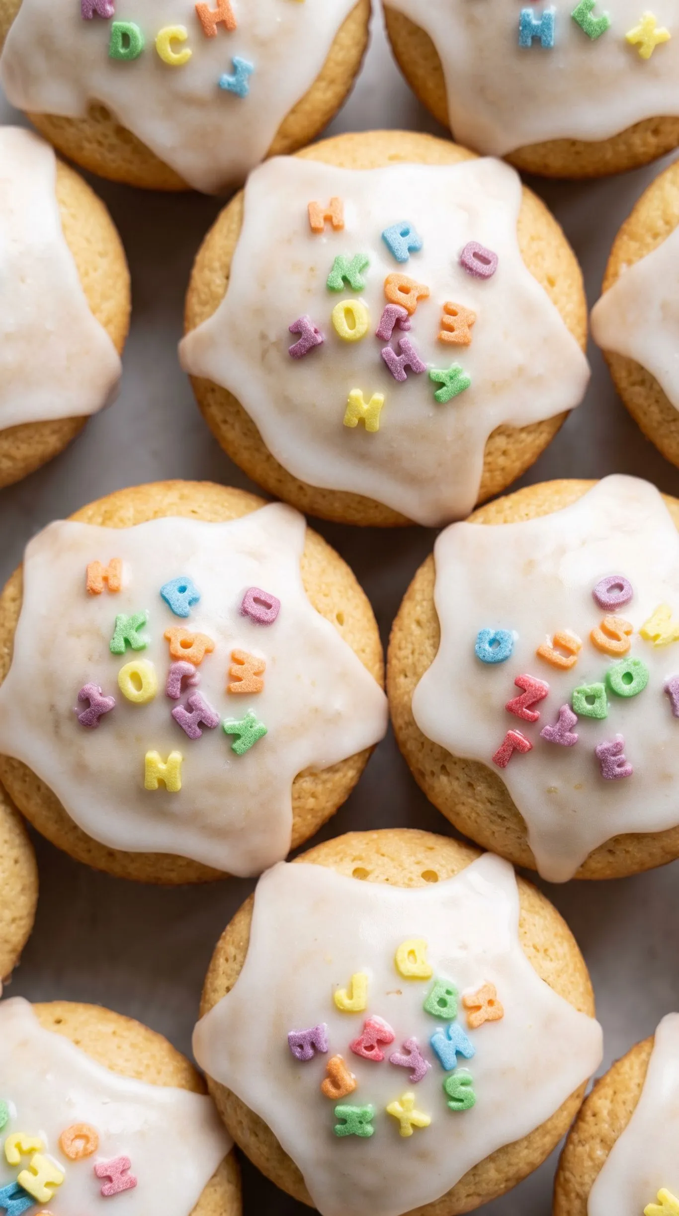 Nahaufnahme von Saftige Einschulungs-Muffins — weiße Glasur mit bunten Dekor-Buchstaben