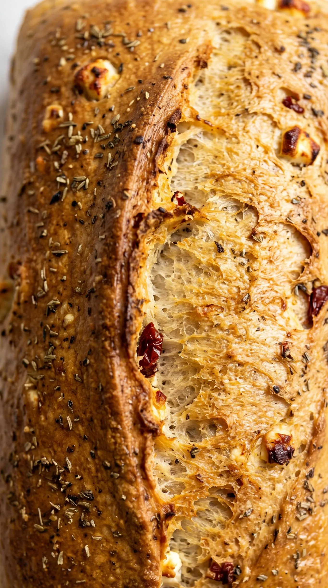 Nahaufnahme von Feta-Tomaten-Brot — Krustenoberfläche mit Kräutern