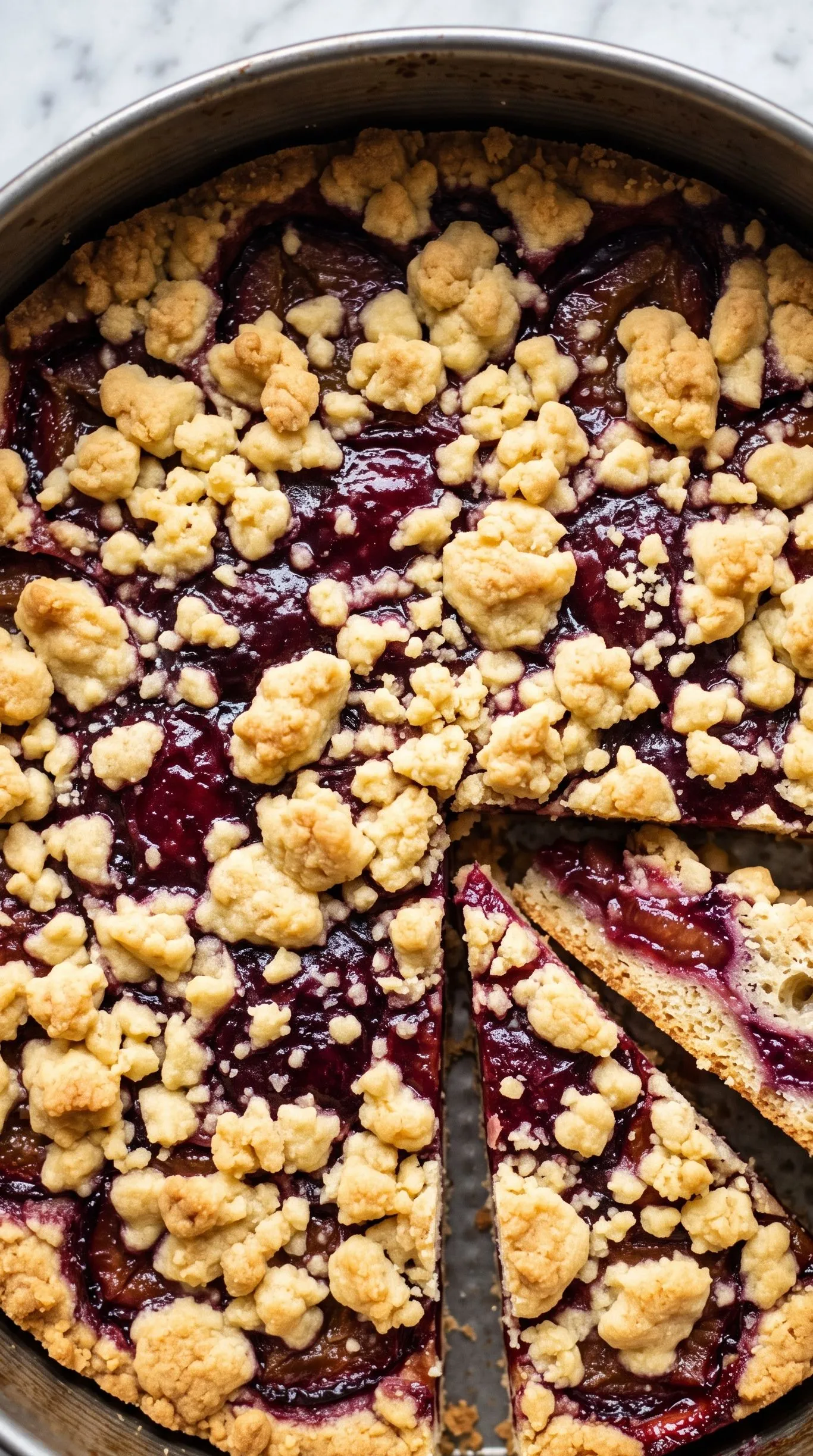 Nahaufnahme vom Zwetschgenkuchen — knusprige Butterstreusel auf eingekochter, samtiger Zwetschgenfüllung.