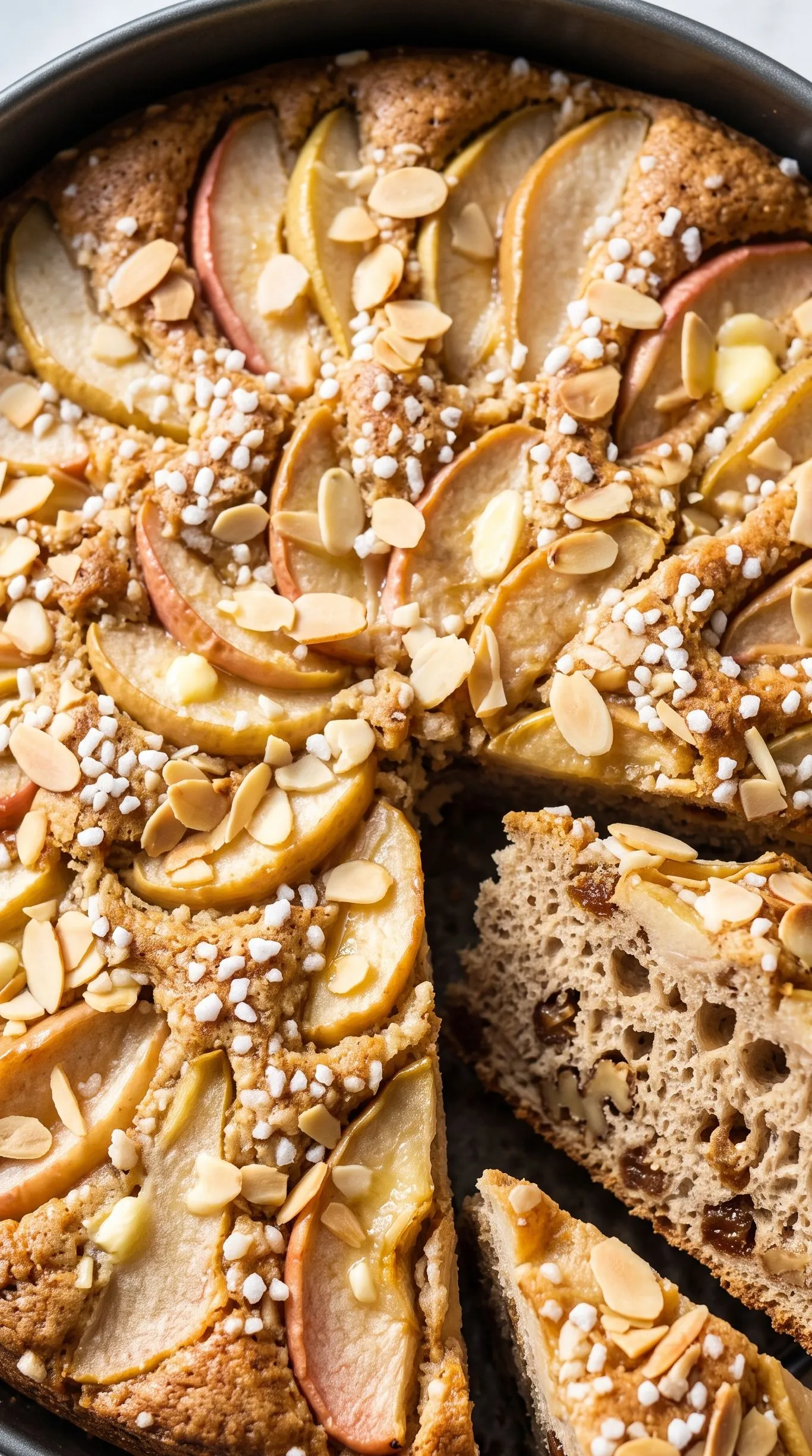 Nahaufnahme vom Dinkel-Sauerteigkuchen — gebackene Apfel- und Birnenspalten, geröstete Mandelstifte und schmelzender Hagelzucker.