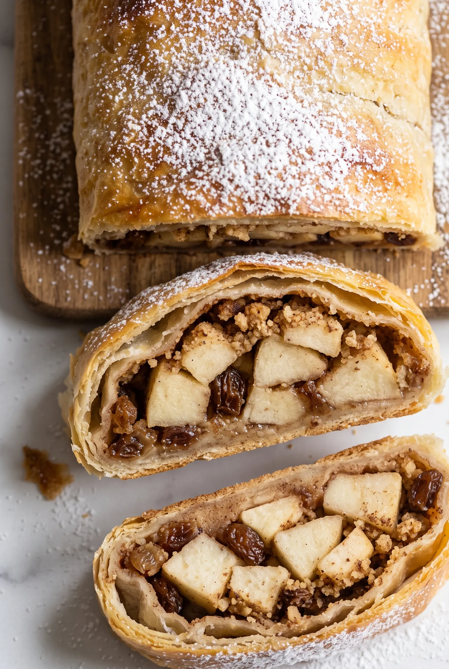 Nahaufnahme vom Apfelstrudel — hauchdünne Strudelteigschichten, saftige Äpfel, Zimt und Puderzucker.