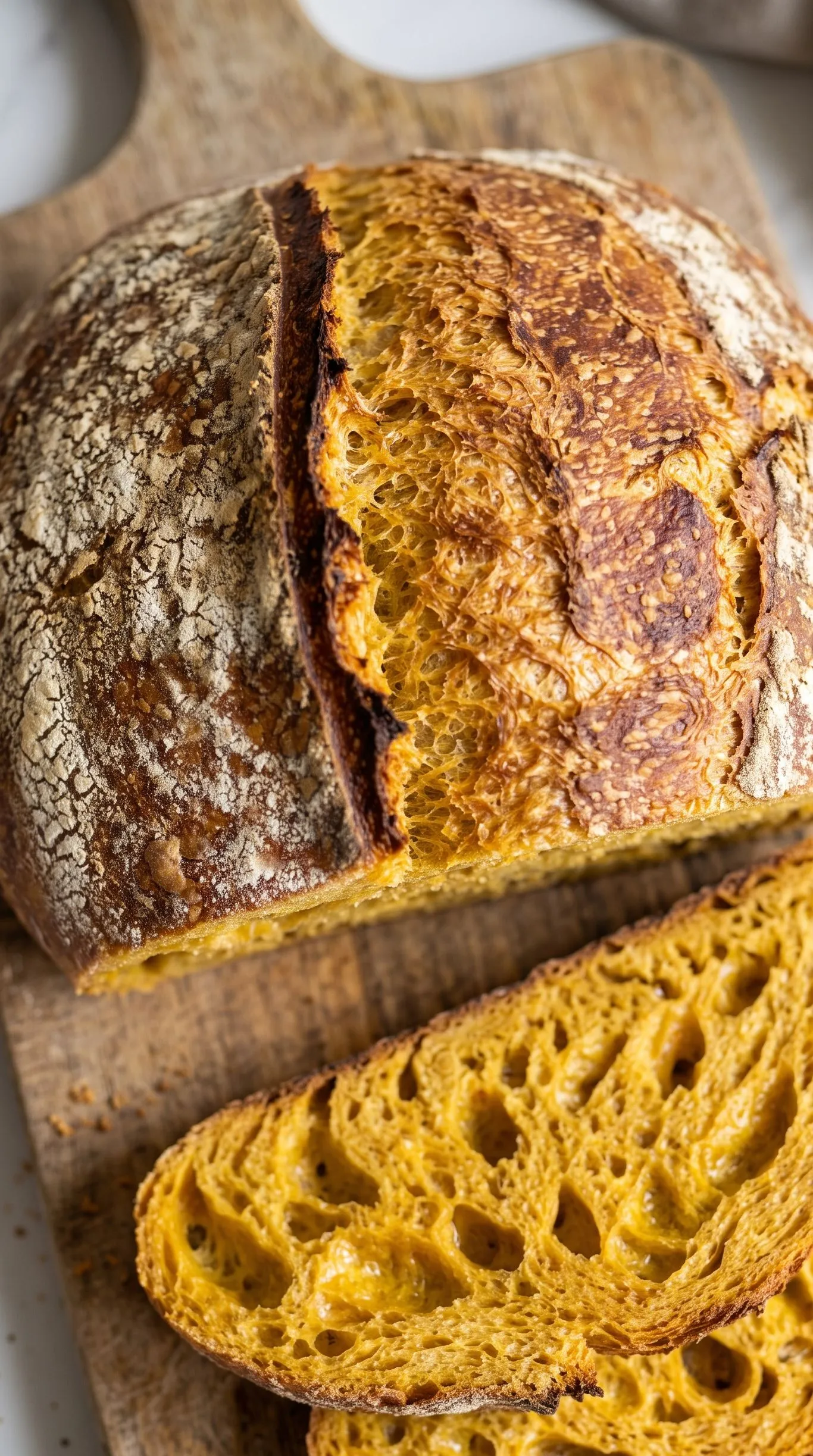 Nahaufnahme der leuchtend orangen Kürbisbrot-Krume mit wilder Porung und mehlbestäubter Kruste.
