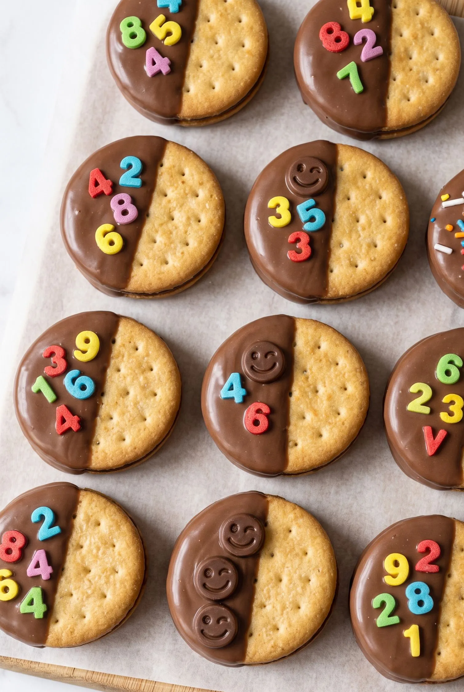 Nahaufnahme der Einschulungs-Kekse — glänzende Schokoglasur mit bunten Zucker-Buchstaben und Schoko-Emojis.